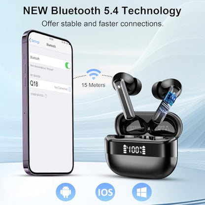 Wireless Earbuds, Bluetooth 5.4 Headphones HiFi Stereo, Bluetooth Earbuds with 4 ENC Mics, 48H Playtime Ear buds with LED Display Charging Case, IP7 Waterproof In Ear Earphones for Android iOS Black
