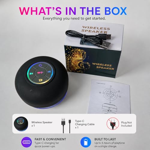 Bluetooth Shower Speaker with LED – Portable Wireless Mini Speaker with Mic & Suction Cup, IPX4 Water Resistant for Shower, Travel, Pool, River Floating, and Outdoor Fun (Black) - color: Black