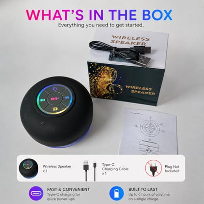 Bluetooth Shower Speaker with LED – Portable Wireless Mini Speaker with Mic & Suction Cup, IPX4 Water Resistant for Shower, Travel, Pool, River Floating, and Outdoor Fun (Black) - color: Black