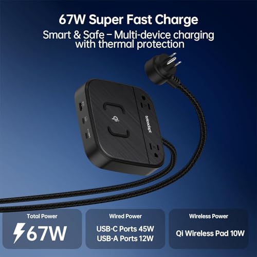 Charging Station 67W, 6 in 1 iPhone Charger Station with USB Port | Wireless Charging, 2× AC Outlets, Desktop/Bedside/Nightstand GaN Multi Power Station for iPhone, Galaxy, Hotel-Grade, Black - color: Black
