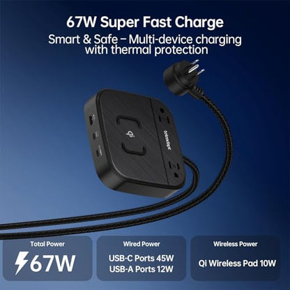Charging Station 67W, 6 in 1 iPhone Charger Station with USB Port | Wireless Charging, 2× AC Outlets, Desktop/Bedside/Nightstand GaN Multi Power Station for iPhone, Galaxy, Hotel-Grade, Black - color: Black