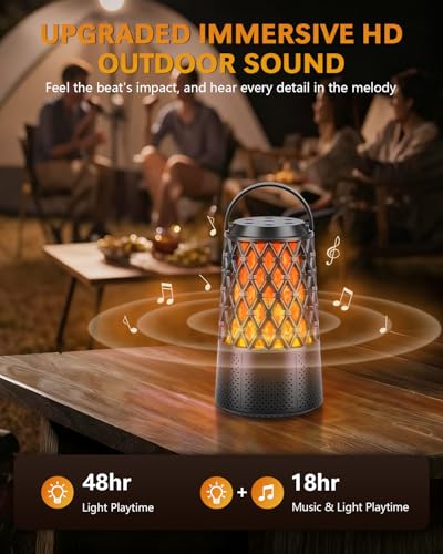 Outdoor Speakers Bluetooth 5.3 with Flame Light,Up to 100-speaker Sync,IPX6 | Waterproof, Wireless Auto-Pairing, HD Stereo Sound Atmosphere Lantern for Party Patio Porch Pool Camp Backyard, Gift for Men