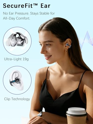 M31 Open Ear Earbuds Wireless Clip On Headphones, Lightweight 5g Fit Omni Tap Control Powerful Sound 68H Play Bluetooth 5.4 Dual Device Sync AI Clear Calls IPX5 Waterproof for Small Ears Sports Work - color: Black