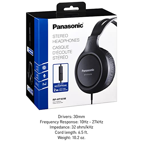 Panasonic Headphones, Lightweight Over The Ear Wired Headphones with Microphone, Sound and XBS for Extra Bass, Long Cord, 3.5mm Jack for Phones and Laptops – RP-HT161M (Black)