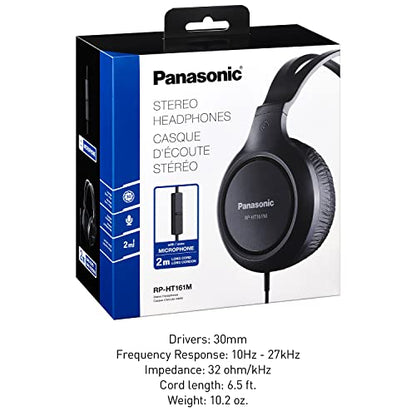Panasonic Headphones, Lightweight Over The Ear Wired Headphones with Microphone, Sound and XBS for Extra Bass, Long Cord, 3.5mm Jack for Phones and Laptops – RP-HT161M (Black)