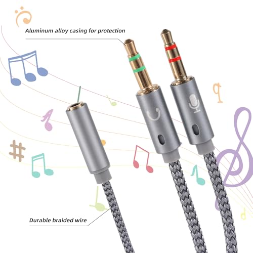 2pcs 2-in-1 Headphone & Microphone Splitter Cable, 3.5mm/0.14in Female to Dual 3.5mm/0.14in Male Audio Adapter Y-Splitter for Gaming Headset PC Laptop Computer Speaker (Gray)