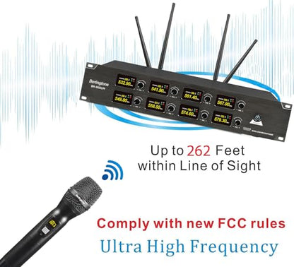Professional 8-Channel UHF Wireless Microphone System, Cordless Metal Handheld Dynamic Mics, 262ft Range, Perfect for Karaoke, Church, Singing, DJ, Parties (BR-860UM)