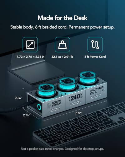 E-Tank 7-in-1 Desktop Charging Station, 240W Max GaN USB-C Charger | 3 AC Outlets, 4 USB-C Ports, 240W Shared USB-C Output, 140W PD 3.1 Fast Charging, Smart Power Sharing, RGB Lighting - color: 240W Charger Station - Gray