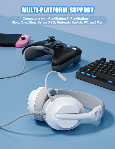WIRWTRU Wired Gaming Headset for PS5, Xbox, Xbox Series X|S, PC, PS4 | 198g Lightweight Design, Noise Cancelling Microphone, Soft Earmuffs, 3.5mm Jack for Gaming & Work - color: White&Grey