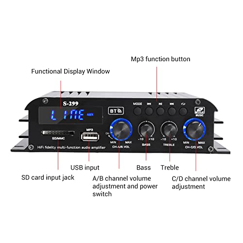 S299 Max 800W Bluetooth Home Audio Amplifier, RMS 40Wx4 4.1CH Bluetooth | Power Amplifier with Active Subwoofer, Sound Audio System w/AUX, Headphone Jack, USB, SD, Remote Control