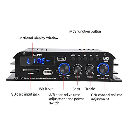 S299 Max 800W Bluetooth Home Audio Amplifier, RMS 40Wx4 4.1CH Bluetooth | Power Amplifier with Active Subwoofer, Sound Audio System w/AUX, Headphone Jack, USB, SD, Remote Control