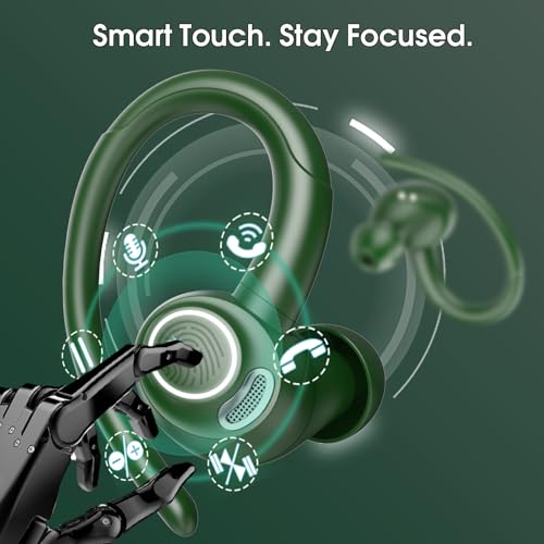 Wireless Sports Earbuds with Earhooks, 48H Deep Bass/ENC Mic Ear Bud Green | Wireless Earphone with LED Display, Bluetooth 5.3 Headphones In Ear, IPX7 Waterproof Over Ear Buds for Running/Workout - color: Green