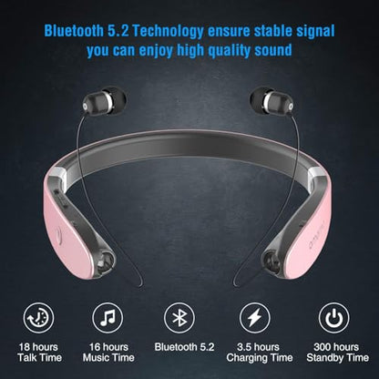 AMORNO Foldable Bluetooth Headphones Wireless Neckband Headset with Retractable Earbuds, Sports Sweatproof Noise Cancelling Stereo Earphones with Mic … - color: Rose Gold