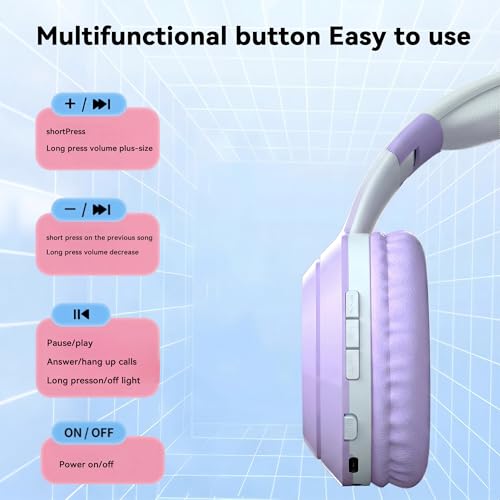Cat-Ear Wireless Headphones Bluetooth 5.3 Over the Ear Headphones with RGB Light Built-in Mic Foldable Fashionable Stereo Headset Support TF Card for Gaming Travel PC Phone iPad（Dreamy Purple） - color: Dreamy Purple