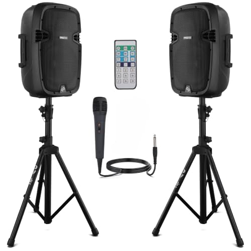 Pyle 10" Wireless Portable PA System - 1000W High Powered Bluetooth Compatible Active + Passive Pair Outdoor Sound Speakers w/USB SD MP3 AUX - 35mm Mount, 2 Stands, Microphone, Remote - PPHP1049KT - size: 10 in