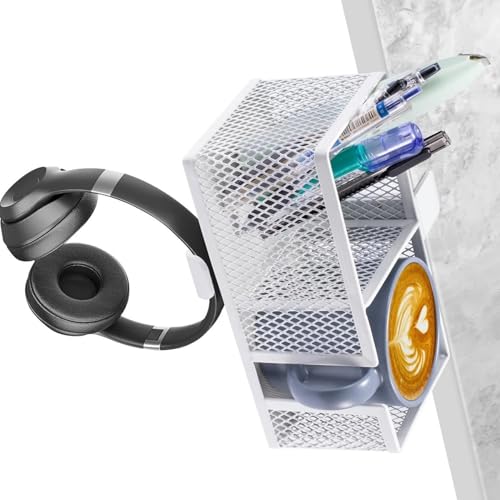 Multifunctional Clamp On Cup Holder Headsets Hanger Organizers for Drinks Phones Headphones Bags with AntiSpill Design - color: White