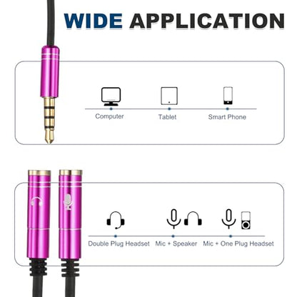 MECCANIXITY Audio Cable Splitter, 3.5mm Male to Dual 3.5mm Female Y Splitter Microphone and Audio Jack Adapter for PC Laptop Smartphone, 1ft, Pink - color: Pink
