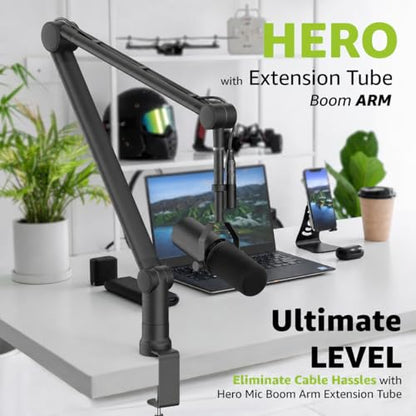 Boom Arm Mic Stand with Extension Tube Upgraded Microphone Arm for Shure SM7B MV7 Blue Yeti Sturdy Stainless Steel Mic Arm Desk Stand Foldable Scissor Arm Microphone Mount for Podcast Gaming - color: With Extension Tube