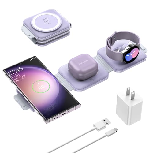 Travel Charger for Samsung Multi Devices, Foldable 3 in 1 Wireless Charging Station Fast Charging Stand/Pad Compatible for Samsung Galaxy S25/S24/S23/S22/S21/Note20 Galaxy Watch8/7/6/5/4/Galaxy Buds4 - color: Violet