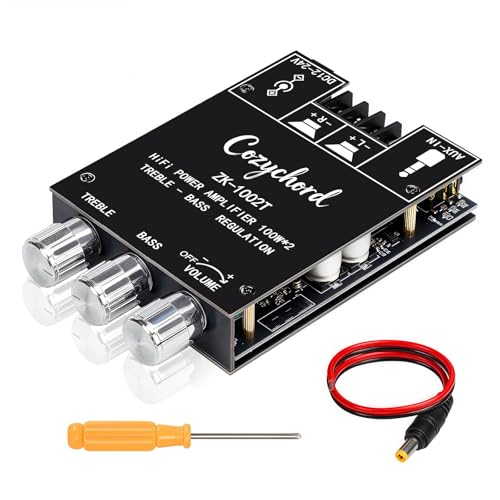 ZK-1002T Bluetooth 5.0 Stereo Amplifier Board, 200W HiFi 2.0 Channel Mini Audio Amp Module with Treble & Bass Control, AUX Input, DC 12V-24V for DIY Speakers,Home Audio - color: ZK-1002T