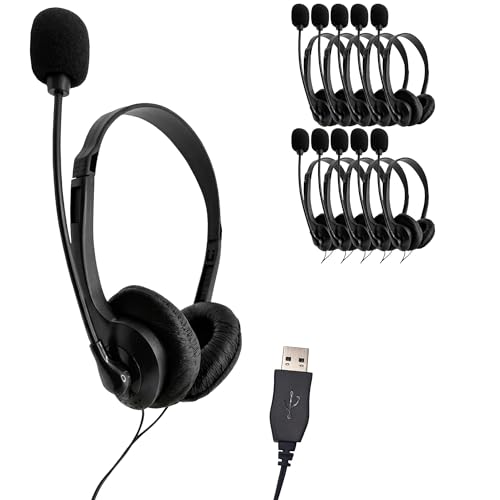 Soundnetic Bulk USB Headsets with Mic 10 Pack Budget Stereo Headphones with Boom Microphone – Ideal for Classrooms, Offices, Remote Work - size: 10 Pack