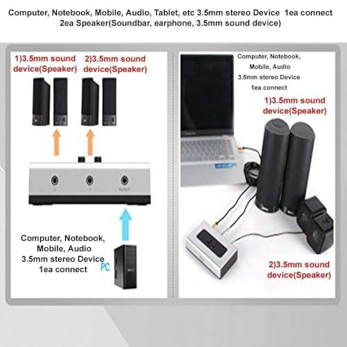 NETMATE 3-Port 3.5mm Stereo Audio Switch, 3.5mm+RCA Audio Switcher 2 Input 1 Output/Audio Splitter Bidirectional Audio Switch with Volume Control Switch Knob for Speaker Headphone