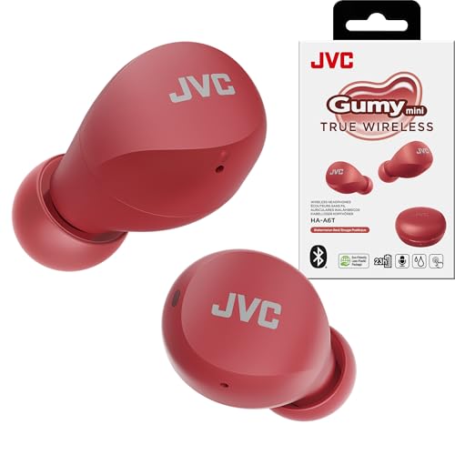 JVC Compact and Lightweight Gumy Mini True Wireless Earbuds Headphones, Long Battery Life (up to 23 Hours), Sound with Neodymium Magnet Driver, Water Resistance (IPX4) - HAA6TR (Red) - color: Red, size: Compact