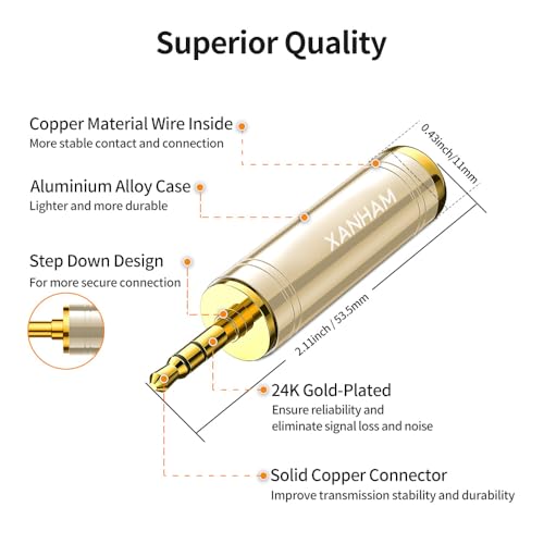 1/4 Inch 6.35mm Female to 1/8 Inch 3.5mm Male TRS Stereo Audio Jack Quarter Inch to Headphone Aux Adapter for Aux Cable, Smartphone, Laptop, Tablet, Speaker, etc. (2 Pack)
