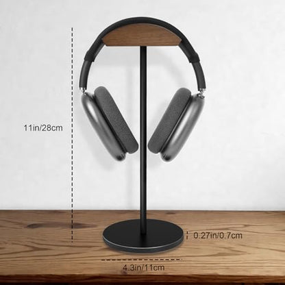 GEVO Headphone Stand for Desk, Walnut Wood & Aluminum Headset Stand, Universal Walnut Gaming Headset Holder with Solid Heavy Base for AirPod Max, Bose, Sony All Headphone Sizes (Circular Base)