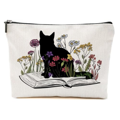 Cat Gifts for Women Cosmetic Bag Book Lovers Gifts Cat Makeup Bag | Gifts for Women Cat Owner, Cat Mom Gifts Floral Cosmetic Bag, Book Gifts Toiletry Bag Christmas Thanksgiving Birthday Gifts - color: Book Flower Cat