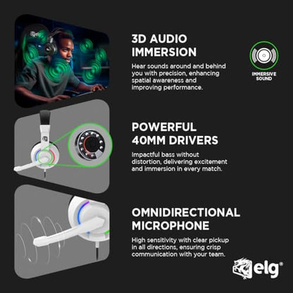 ELG Alcor Wired Gaming Headset, PC/PS4/PS5/Xbox/Switch/Mobile, 40mm Drivers, Omnidirectional Retractable Mic, in-Line Volume & Mute, Sport Mesh, RGB, White