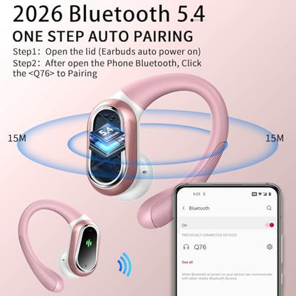 Wireless Earbuds, 2026 New Bluetooth 5.4 Headphones Sport, 60H+ HiFi Stereo | Deep Bass Over-Ear buds, ENC Noise Cancelling Mic, IP7 Waterproof & LED Display Earphones, Earhooks, for Workout, Running - color: comb Pink