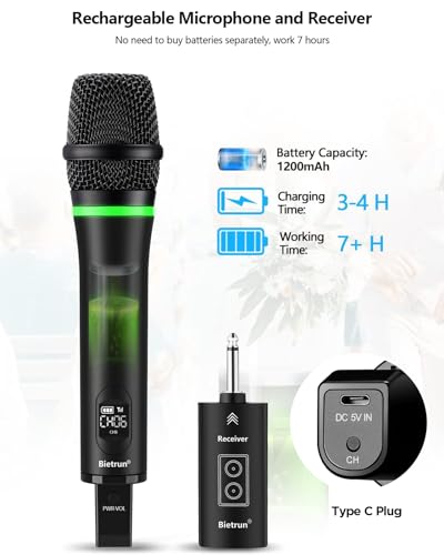 Bietrun Wireless Microphone Rechargeable, 168FT Range Bluetooth Microphone Wireless (Work 7 hrs) with 1/4'' Output, UHF Metal Handheld Dynamic Mic for Karaoke Machine/PA System/Speaker/Church/Wedding