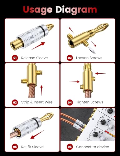 MOSWAG Banana Plugs for Speaker Wire (5 Pairs/10 pcs) Banana Plug Adapter | Brass Speaker Connectors with Dual Set Screws, Black and Red Shell Banana Plugs for Home Theater, A/V Receiver, Amplifiers - size: 5 Pairs