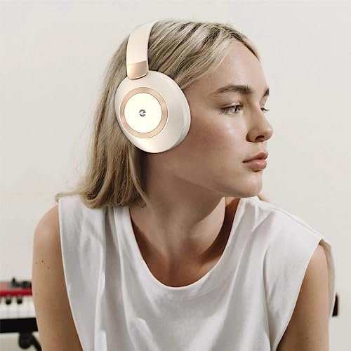 Active Noise Cancelling Headphones, 100H Playtime Headphones Wireless Bluetooth, Bluetooth Headphone with Microphone, Over- Ear Wireless Headphone with Deep Bass for Travel - color: Beige
