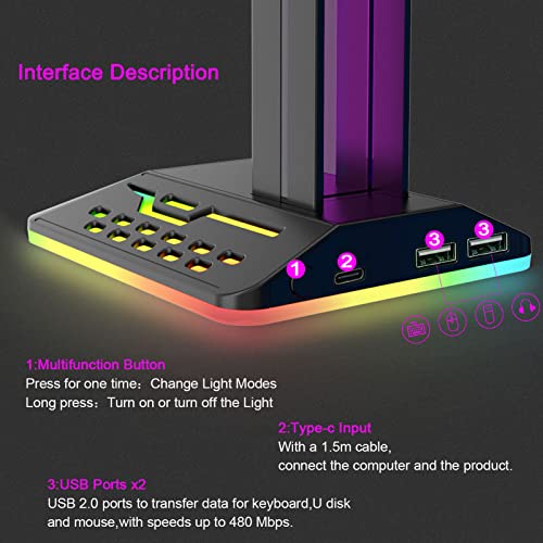 Headphone Stand with RGB Light, Dual USB 2.0 Ports Headset Stand, Stable Gaming Headset Holder with Non Slip Rubber Pad Desk Earphone Hanger for PC Gamers, 10.5x4.8x4.1in