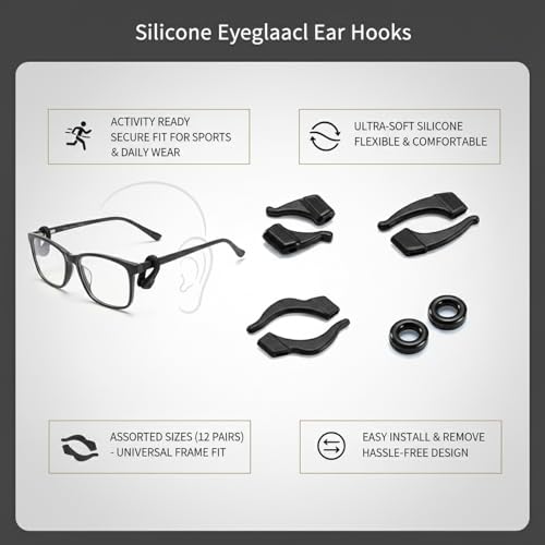 12 Pairs Silicone Eyeglass Ear Hooks, Anti-Slip Retainers for Glasses & Sunglasses, Assorted Sizes for Secure Fit During Sports and Daily Wear