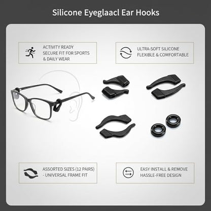 12 Pairs Silicone Eyeglass Ear Hooks, Anti-Slip Retainers for Glasses & Sunglasses, Assorted Sizes for Secure Fit During Sports and Daily Wear