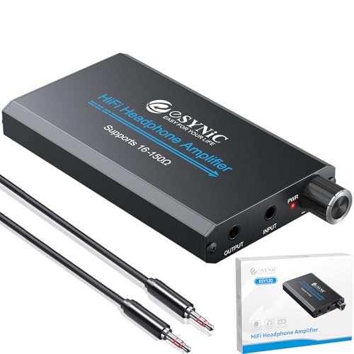 eSynic Rechargeable 16-150Ω Headphone AMP Poratble-3.5MM Audio in & Out | Metal Case Headphone Amplifier with Volume Control-2-Stage Gain Switch Function- 12h Playtime-For Car/MP3&4/Phone/PC/Laptop