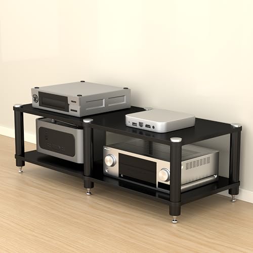 2-Tier AV Media Stand with Speaker Spikes for Home Theater | 2-Tier Audio Cabinet, Black, Open Shelving, Speaker Spikes Reduce Vibration, CD/Receiver/Turntable, Home Theater, Office