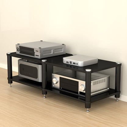 2-Tier AV Media Stand with Speaker Spikes for Home Theater | 2-Tier Audio Cabinet, Black, Open Shelving, Speaker Spikes Reduce Vibration, CD/Receiver/Turntable, Home Theater, Office