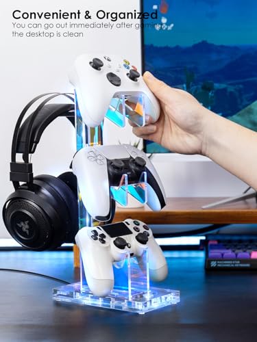 OAPRIRE Headset and Controller Stand with Lights, 3 Tier Acrylic Game Controller Holder, Controller and Headset Stand for Desktop,Universal Design Compatible with PS5/PS4/XBOX/SWITCH (Clear) - color: Clear, size: 3 Tier-Lights