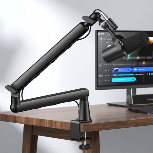 Dual Microphone Boom Arm Stand with Desk Clamp Mount, 2KG Load Capacity, Cable Management, Adjustable Articulating Arm, Black