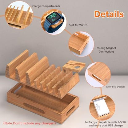 Pezin & Hulin Bamboo Charging Station with 5 Cables-Natural Bamboo | Wood Desktop Docking with Watch Holder for Phone, Tablet & Watch – Charge 7 Devices at Once, 5 Cables Included (No Adapter) - color: Dock Stand +Cables