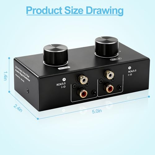 Bi-Directional 2 in 4 Out & 4 in 2 Out RCA 3.5mm Port Audio Switcher, 2-Way 4-Way 4x2 RCA 1/8 Stereo Speakers Headphones Audio Switch Selector Box
