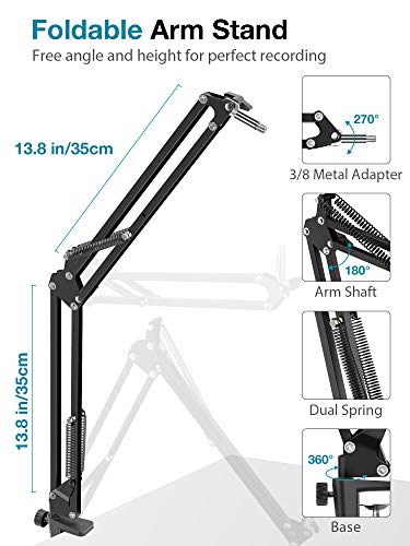InnoGear Mic Arm Desk Mount Microphone Stand Boom Arm for Blue Yeti Nano | Precise Mic Positioning, Compact, Fully Rotatable, 5/8" to 3/8" and 5/8" to 1/4" Adapter Included, For Blue Yeti, Hold 3.3 lb