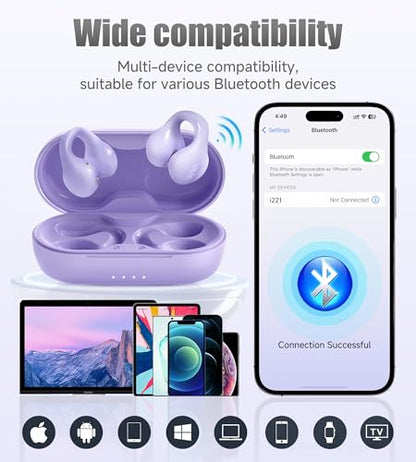 King Lucky i21 Open Ear Clip On Earbuds Wireless Bluetooth Ear Clip Headphones with Mic,Noise Cancelling, Waterproof IPX4,for Small Ears,Perfect for Running,Sports,Glasses Wearers (Purple) - color: Purple