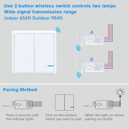Thinkbee Wireless Lights Switch Kit, 2 Gang Wall Switch with Mini Receiver - size: 2 button switch+2 receiver