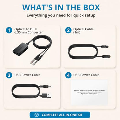 AUTOUTLET Optical to Dual 6.35mm Converter, 192kHz Toslink SPDIF to Dual 1/4" Male Stereo Analog Audio Adapter with Integrated Cable and Optical Cable for Amplifier, Powered Speaker, Mixer