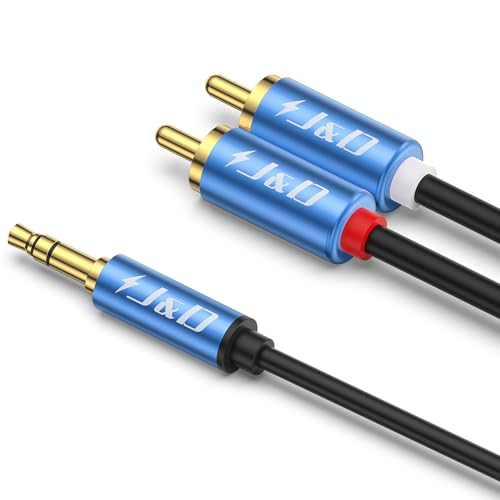J&D 3.5mm Male to 2 RCA Phono Male Stereo Audio Cable, Aluminum Alloy Shell Gold-Plated RCA Audio Adapter Aux Cable, Blue, 6 Feet - color: Blue, size: 6 Feet